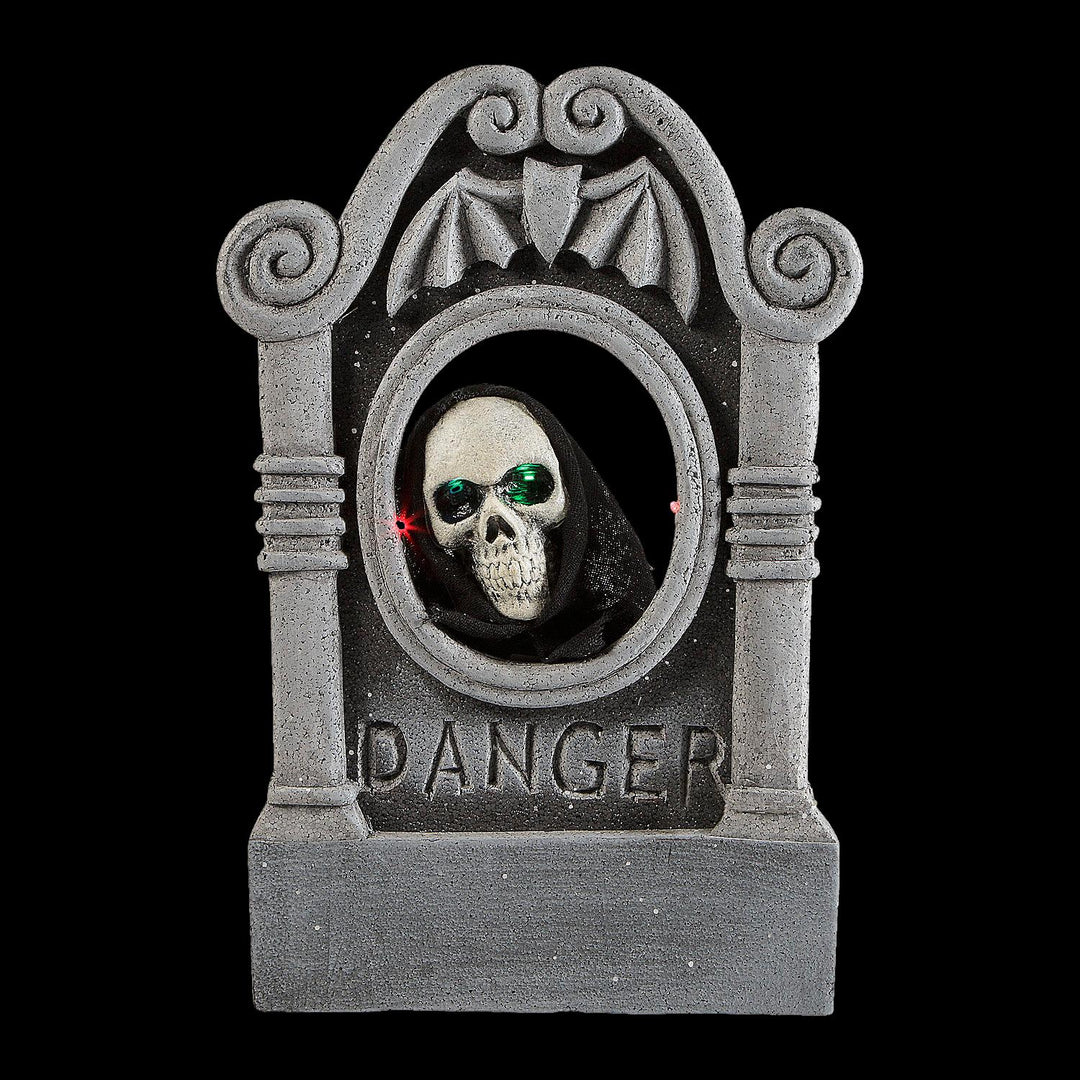 22” Gray Tombstone with Light-Up Moving Skeleton Head Halloween Decoration